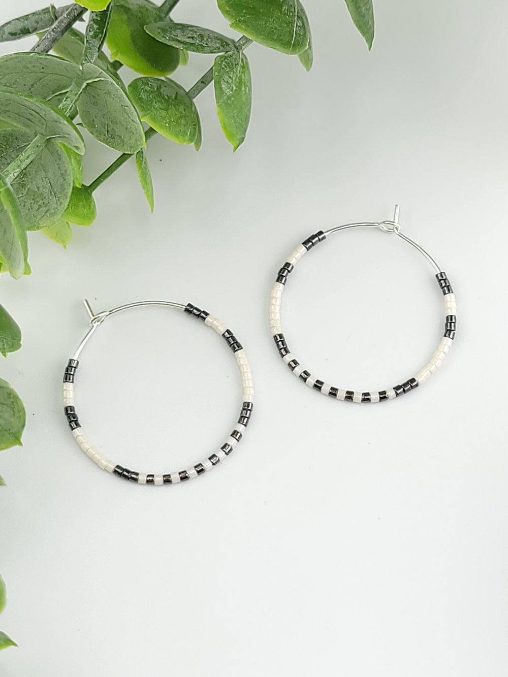 Image of 30mm Silver Surgical Steel Beaded Hoops - White & Gunmetal Mixed Metal Earrings 1.18 inch