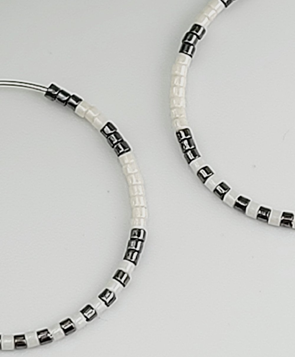 Image of 30mm Silver Surgical Steel Beaded Hoops - White & Gunmetal Mixed Metal Earrings 1.18 inch