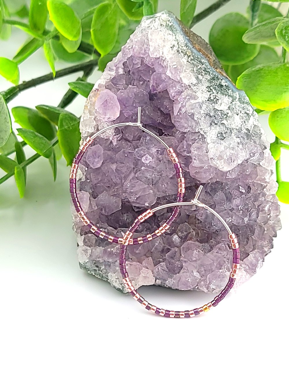 Image of 30mm Silver Surgical Steel Beaded Hoops - Blush & Purple Mixed Metal Earrings 1.18 inch