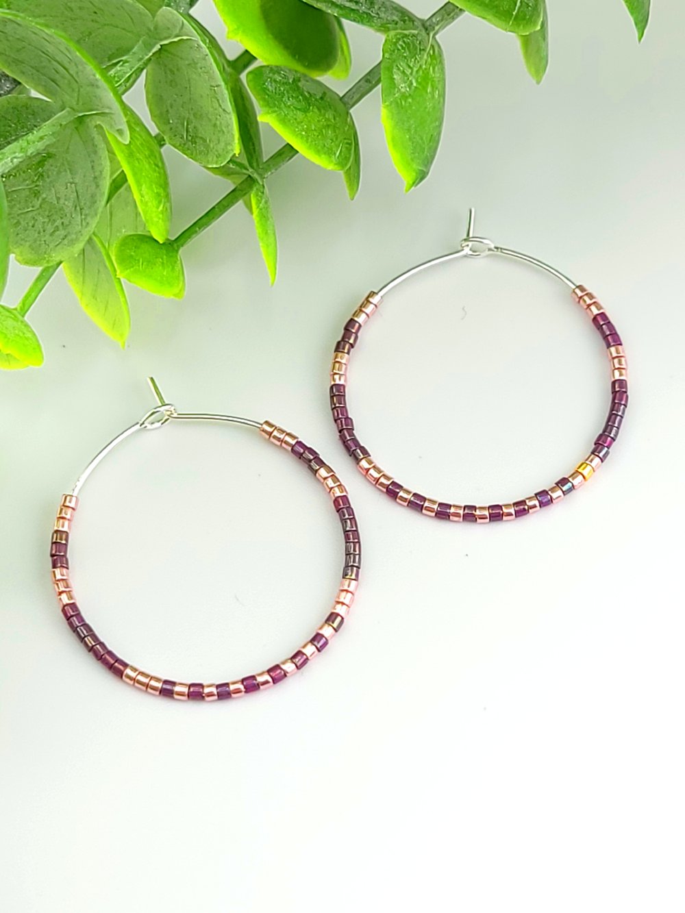 Image of 30mm Silver Surgical Steel Beaded Hoops - Blush & Purple Mixed Metal Earrings 1.18 inch