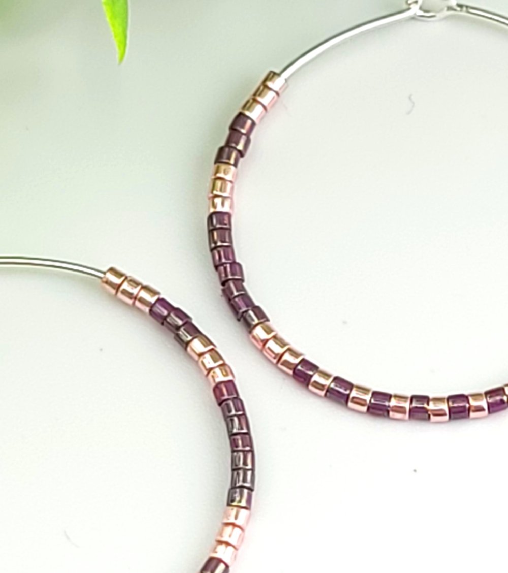 Image of 30mm Silver Surgical Steel Beaded Hoops - Blush & Purple Mixed Metal Earrings 1.18 inch