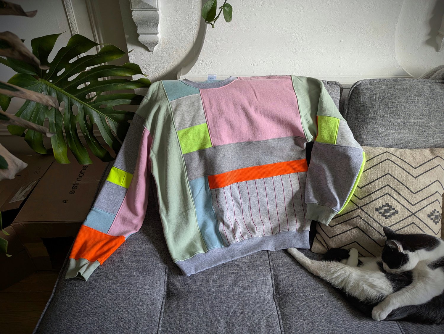 Image of Unisex's Large Neon and Pastel Patchwork Crew Neck