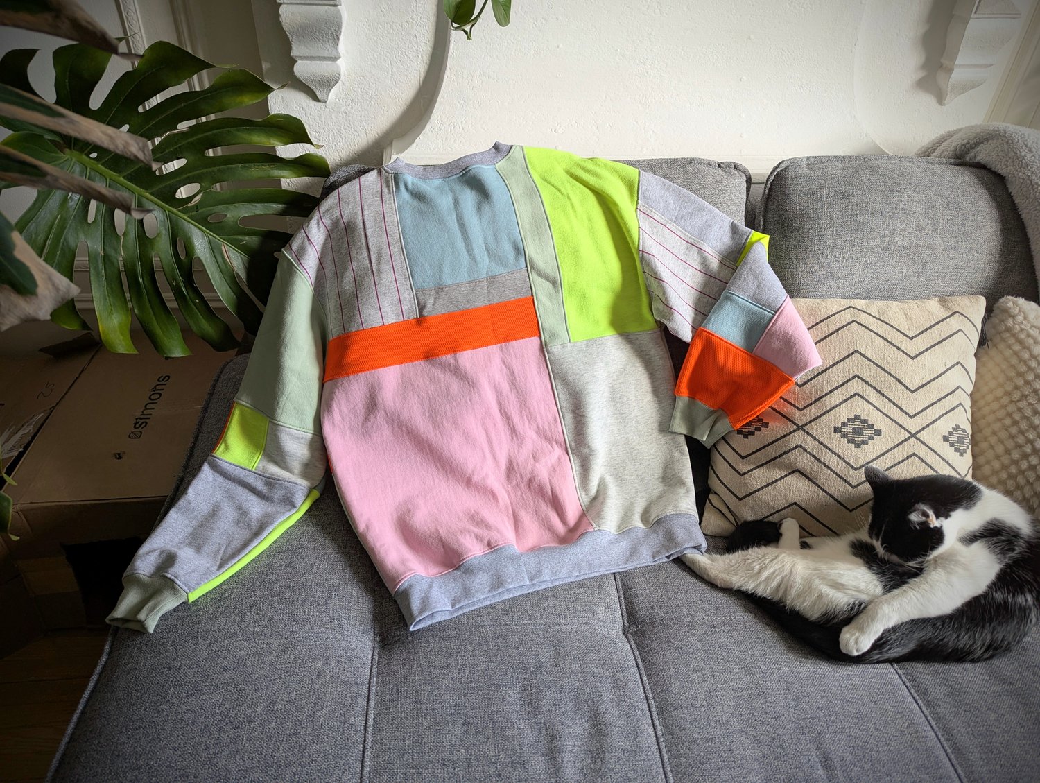 Image of Unisex's Large Neon and Pastel Patchwork Crew Neck