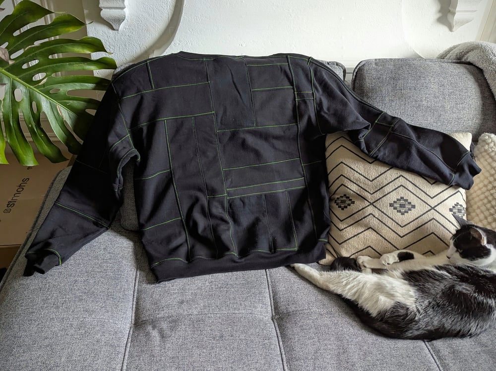 Image of OAK Unisex's Large Black with Contrast Stitching Patchwork Crew Neck