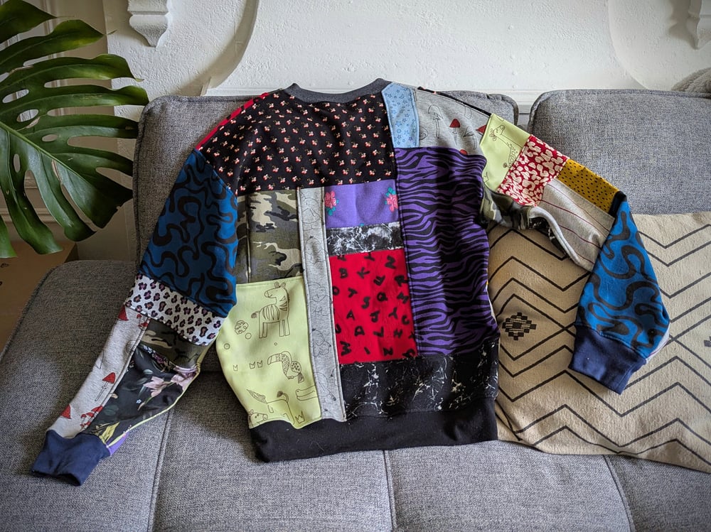 Image of OAK Unisex's Medium Chaos of Prints Patchwork Crew Neck