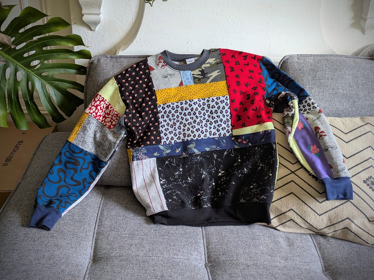 Image of OAK Unisex's Medium Chaos of Prints Patchwork Crew Neck