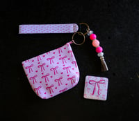 Image 1 of Handmade Pink Bows Matching Lanyard Set, coin purse, key, tassel, gift, beads, bag charm, wallet
