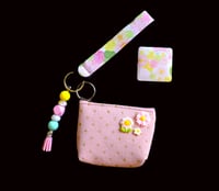 Image 1 of Handmade Pink & Yellow Floral Matching Lanyard Set, pouch, key, gift, beads, charm, wallet