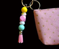 Image 2 of Handmade Pink & Yellow Floral Matching Lanyard Set, pouch, key, gift, beads, charm, wallet