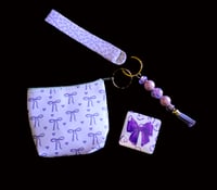 Image 1 of Handmade Purple Bows Matching Lanyard Set, pouch, key, gift, beads, charm, wallet