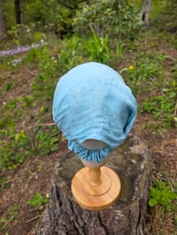 Image 2 of Pure Linen Upcycled Expandable Headband Cover in Aqua Crosshatch 