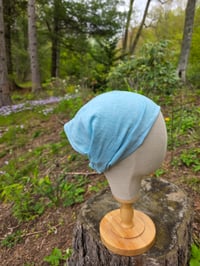Image 3 of Pure Linen Upcycled Expandable Headband Cover in Aqua Crosshatch 