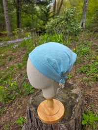 Image 1 of Pure Linen Upcycled Expandable Headband Cover in Aqua Crosshatch 