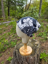 Image 1 of Pure Linen Upcycled Expandable Headband Cover in Navy Patchwork Floral 