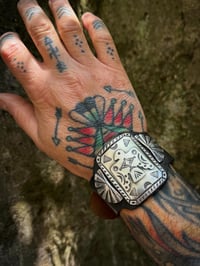 Image 1 of WL&A Handmade Large Ingot Medicine Thunderbird Leather Bow Guard Bracelet - Wrist Size 6" to 8"