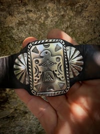 Image 4 of WL&A Handmade Large Ingot Medicine Thunderbird Leather Bow Guard Bracelet - Wrist Size 6" to 8"