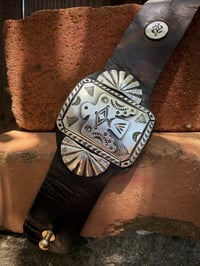 Image 3 of WL&A Handmade Large Ingot Medicine Thunderbird Leather Bow Guard Bracelet - Wrist Size 6" to 8"