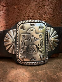 Image 2 of WL&A Handmade Large Ingot Medicine Thunderbird Leather Bow Guard Bracelet - Wrist Size 6" to 8"