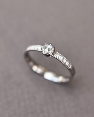 Image of Platinum 4.5mm white Rose-cut diamond ring with pave set band (LON277)