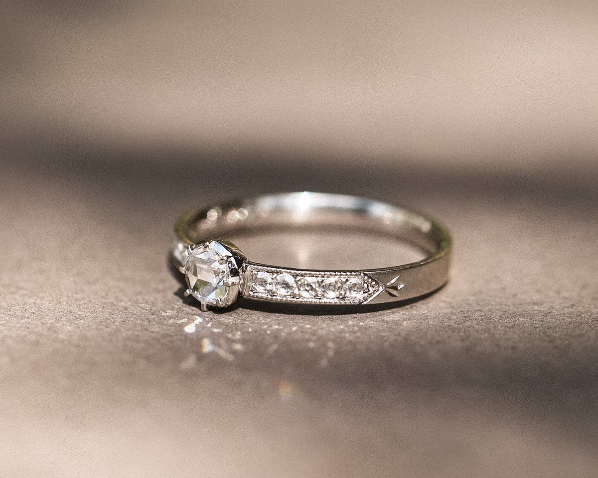 Image of Platinum 4.5mm white Rose-cut diamond ring with pave set band (LON277)