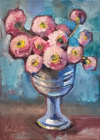 Image 1 of Pink Blossoms in a Silver Vase