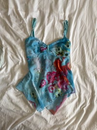 Image 1 of Vintage Y2K blue floral handkerchief hem Zara Larsson ruched bust cami 