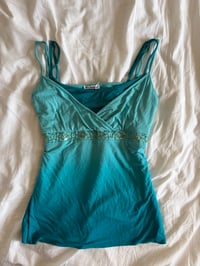 Image 7 of Vintage Y2K blue ombre sequin and beaded bust cami with double strap detail 