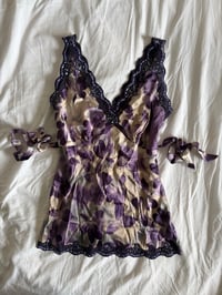 Image 1 of Vintage Y2K purple floral silk tie back sequin top 