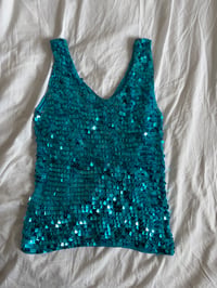 Image 2 of Vintage Y2K blue sequin crochet cami 