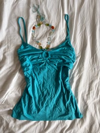 Image 1 of Vintage Y2K turquoise cami with o ring detail and built in necklace 