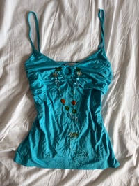 Image 3 of Vintage Y2K turquoise cami with o ring detail and built in necklace 