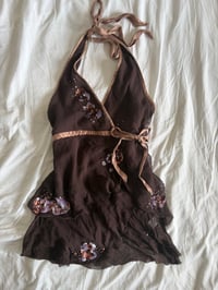 Image 1 of Vintage Y2K chocolate brown silk sequin handkerchief hem top 