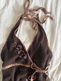 Image 2 of Vintage Y2K chocolate brown silk sequin handkerchief hem top 