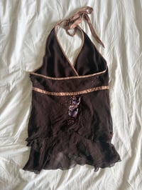 Image 3 of Vintage Y2K chocolate brown silk sequin handkerchief hem top 