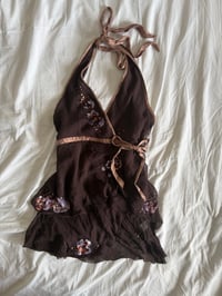 Image 6 of Vintage Y2K chocolate brown silk sequin handkerchief hem top 