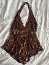 Image 1 of Vintage Y2K Aftershock chocolate brown silk beaded handkerchief hem top 