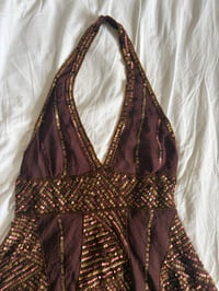 Image 2 of Vintage Y2K Aftershock chocolate brown silk beaded handkerchief hem top 