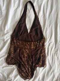 Image 3 of Vintage Y2K Aftershock chocolate brown silk beaded handkerchief hem top 