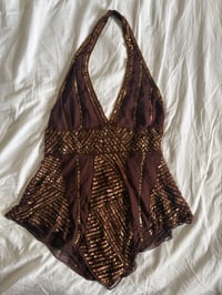 Image 8 of Vintage Y2K Aftershock chocolate brown silk beaded handkerchief hem top 