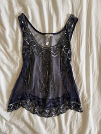 Image 1 of Vintage Y2K navy blue sequin beaded cami with scallop hem