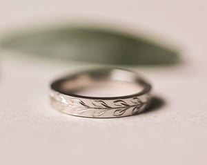 Image of Platinum 4mm ‘Olive leaf’ engraved flat court ring in matte finish