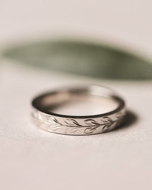 Image of Platinum 4mm ‘Olive leaf’ engraved flat court ring in matte finish