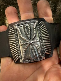 Image 3 of WL&A Handmade Large Heavy Ingot Winged Ketoh Leather Bow Guard Bracelet - Wrist Size 6" to 8"