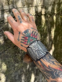 Image 1 of WL&A Handmade Large Heavy Ingot Winged Ketoh Leather Bow Guard Bracelet - Wrist Size 6" to 8"