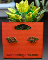 Turtle shaped hand painted wood stud earrings 