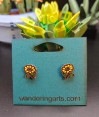 Sunflower shaped hand painted wood stud earrings 