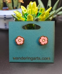 Pink flower shaped hand painted wood stud earrings 
