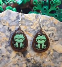 Teardrop with frog hand-painted + wood + resin earrings 
