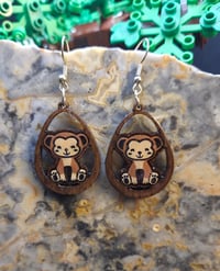 Teardrop with monkey hand-panted + wood + resin earrings 