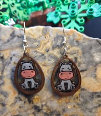 Teardrop with hippo hand-painted + wood + resin earrings 
